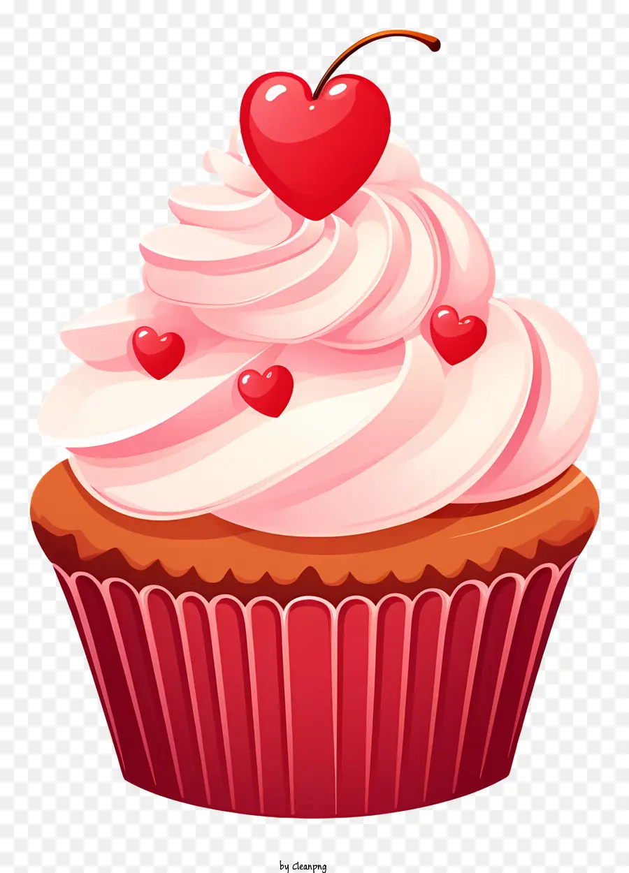 Cupcake Cupcake rote Zuckerguss weiße Zuckergusskirschen - Herzförmiger Kirschcupcake auf schwarzem Hintergrund
