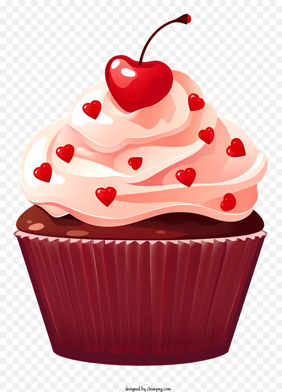 cupcake cupcake bianco glassa cuori rossi ciliegia rossa - Cupcake realistico con cuori su sfondo nero