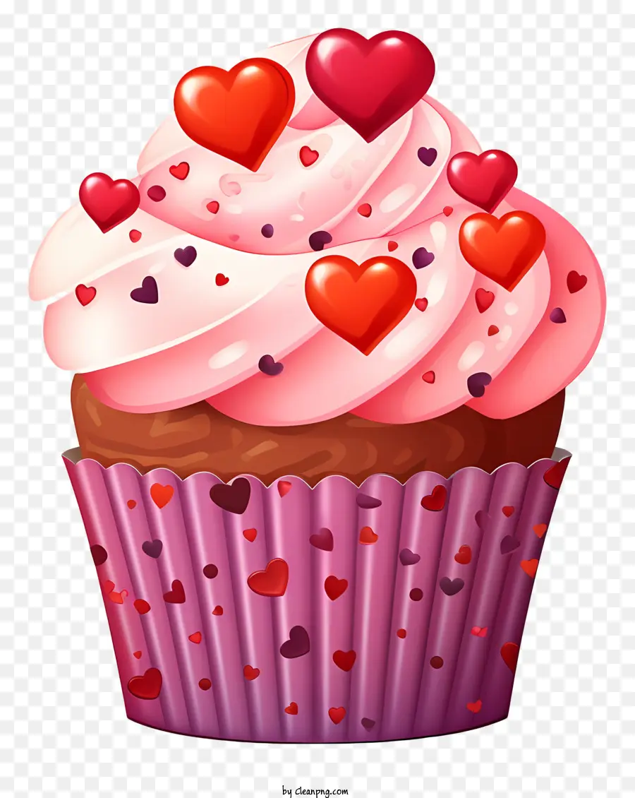 cupcake rosa cupcake a forma di cuore a forma di cuore glassa di cioccolato al cioccolato - Cupcake rosa con decorazioni cardiache su sfondo nero