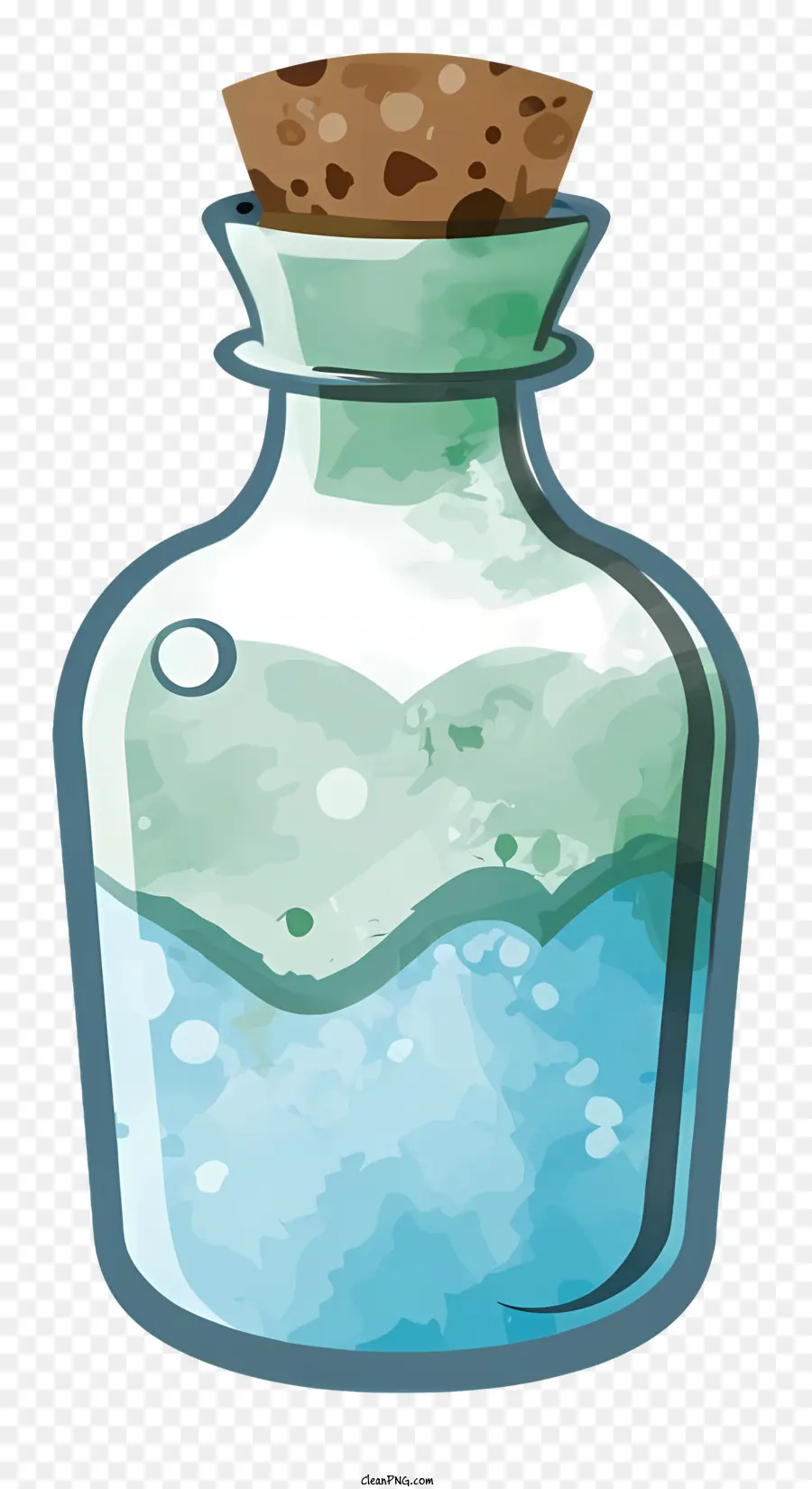 cartoon small glass bottle blue liquid bubbles clear glass