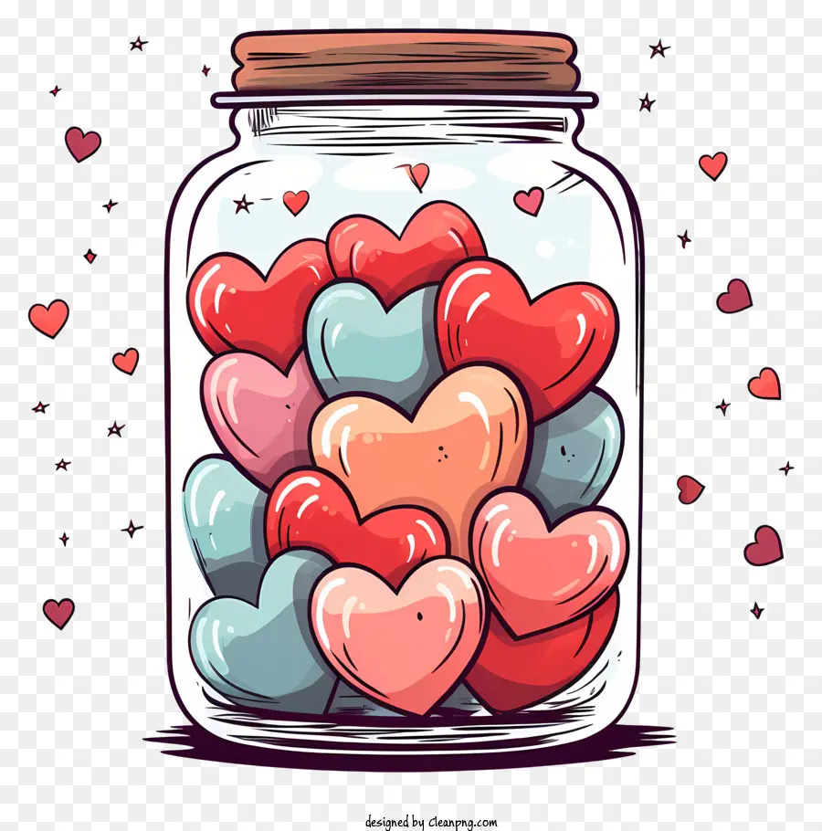Mason Jar Jar Clear Glass Multicolored Hearts unterschiedliche Größen - Klares Glas mit farbenfrohen schwimmenden Herzen im Inneren