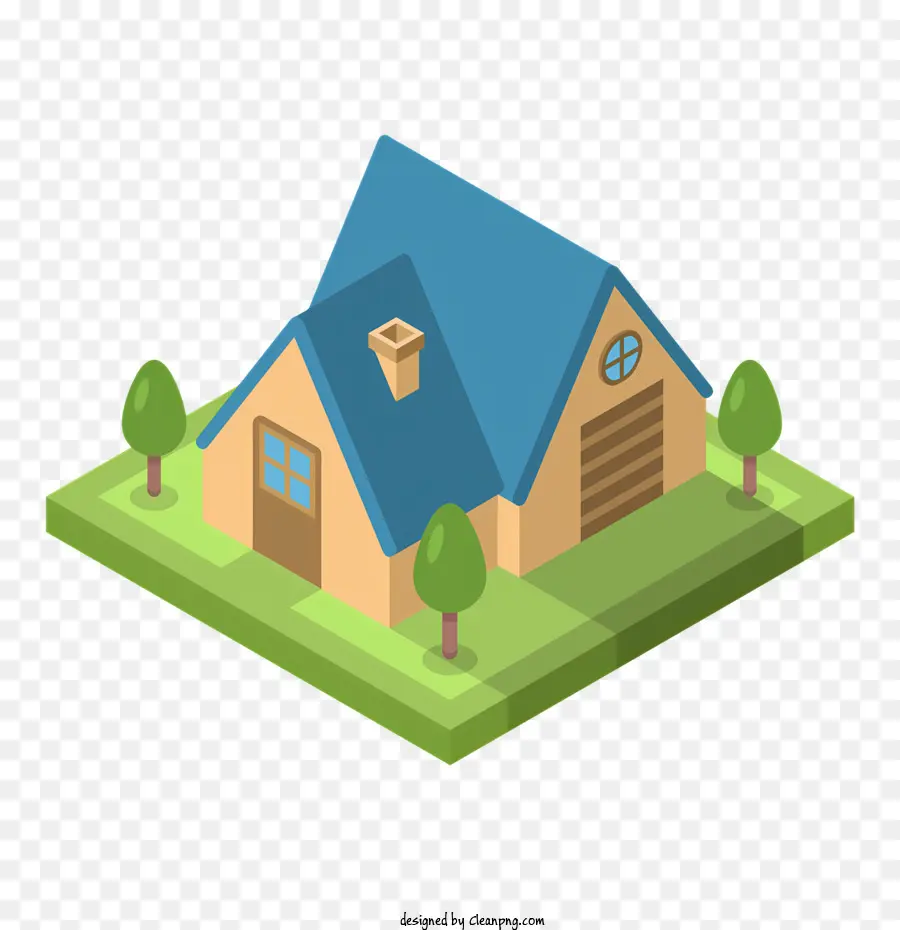 Icon Small House einstöckiges Haus blauer Dach Veranda - Kleines Haus mit blauem Dach, umgeben von Bäumen
