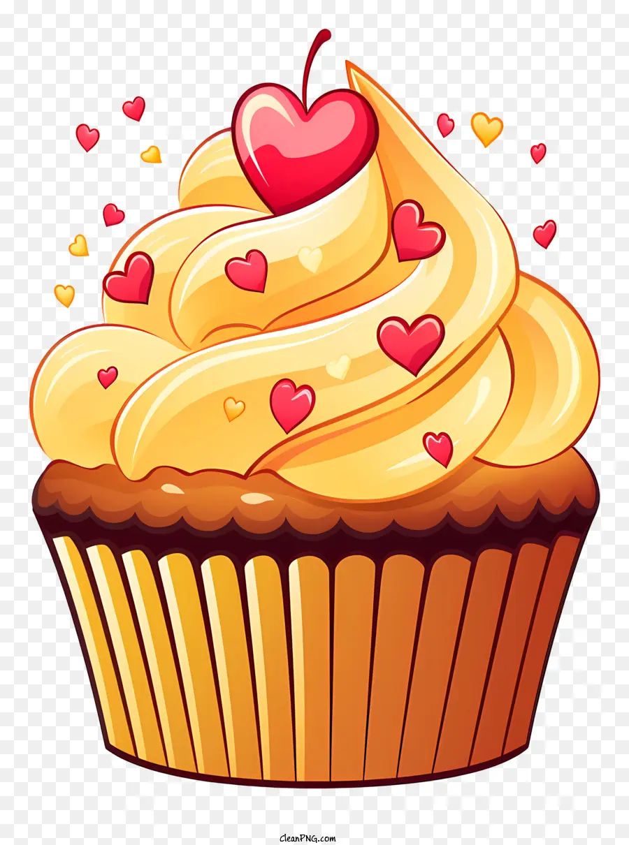 Cupcake Cupcake gelber Cupcake cremige Zuckergussherzen - Gelber Cupcake mit herzförmigem Zuckerguss und Kirsche