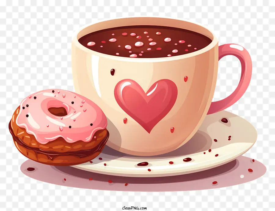Kaffeetasse - Herzförmiger Schokoladenendonut auf weißer Teller mit heißer Schokolade