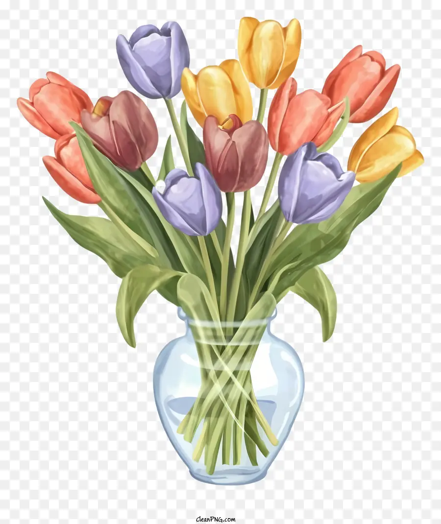 Bó hoa màu hoa tulip hoạt hình - Hình minh họa kỹ thuật số của bó hoa với hoa tulip đầy màu sắc