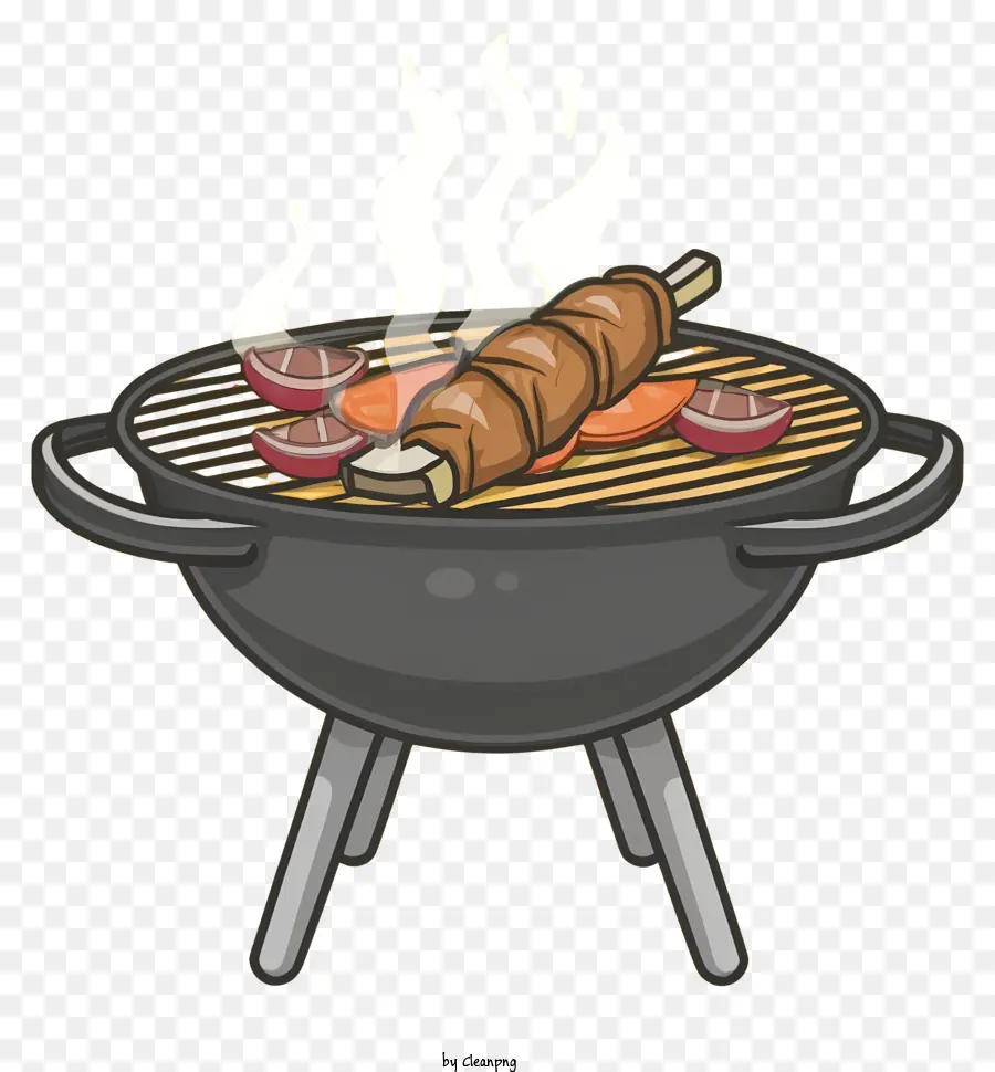 Cartoon Barbecue Grill Essen grillen Hühnchenbein Gemüse - Bild: BBQ Grill mit Hühnchen, Gemüse auf einer flachen Oberfläche