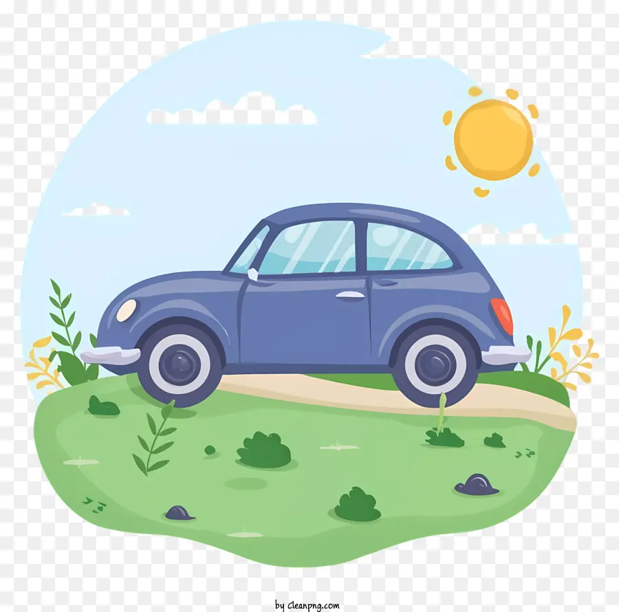 xe ô tô hoạt hình cổ điển xe retro đi đường trên bầu trời - Xe cổ điển lái xe trên con đường đầy nắng được bao quanh bởi thiên nhiên