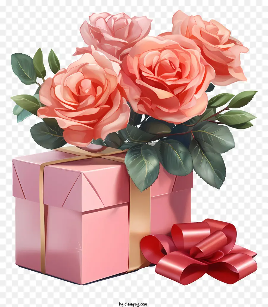 hộp quà - Hộp quà màu hồng với hoa hồng và ruy băng