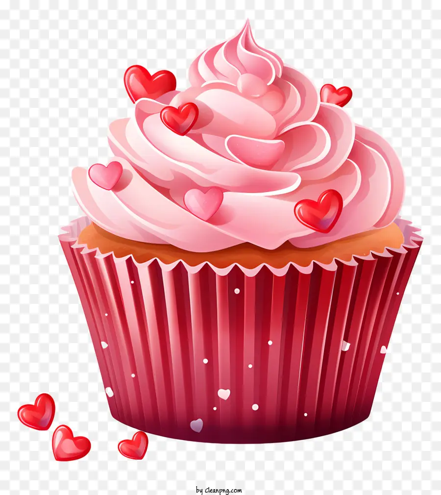 cupcake pink cupcake red frosting red heart-shaped sprinkles black background