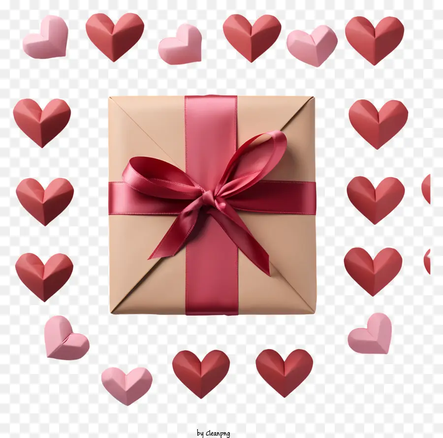 Geschenkbox - Herzförmige Kiste mit rotem Bogen, umgeben von Konfetti