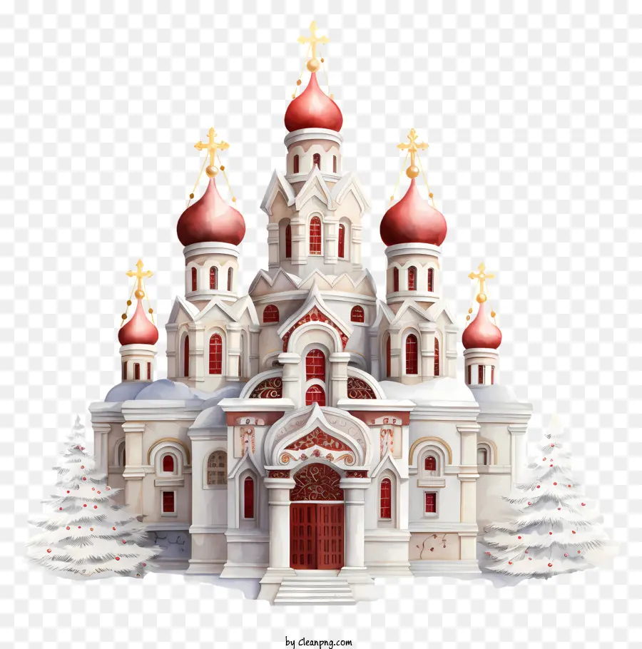 Kirche orthodoxe Weihnachtsfest -weiße Kirche Goldene Kuppeln Winterlandschaft - Verzierte, weiße Kirche mit goldenen Kuppeln, ruhig