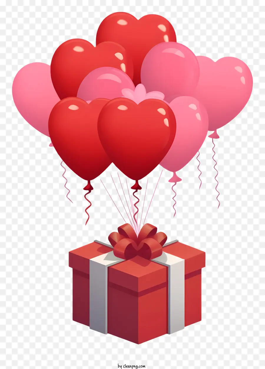 hộp quà - Hộp màu đỏ với cung, bóng trái tim, confetti
