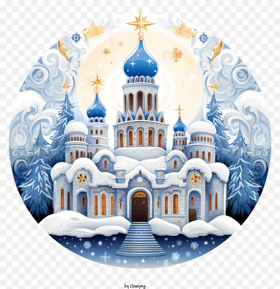 orthodoxe Weihnachtsschlüsselwörter der Kirche, schöner Kirchenschnee -Wald - Gelassene, schneebedeckte Kirche in einem friedlichen Wald