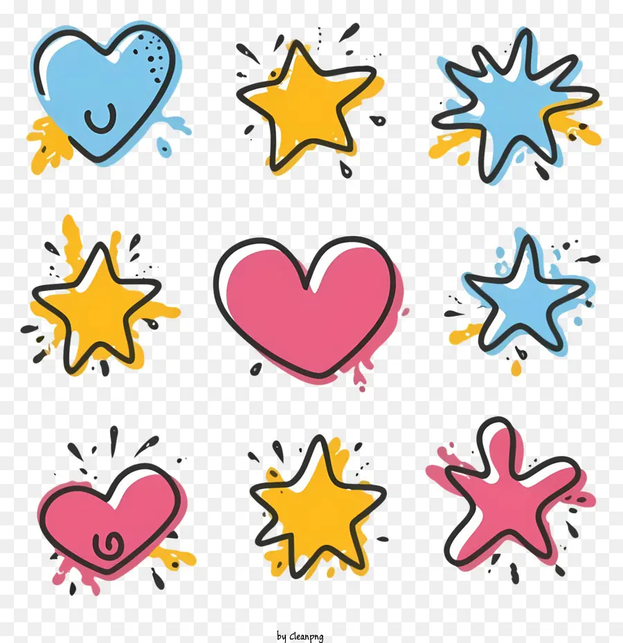 Cartoon Herzen Sterne dekorative Elemente schwarzer Hintergrund - Buntes Bild mit kindischem Stil mit Herzen und Sternen