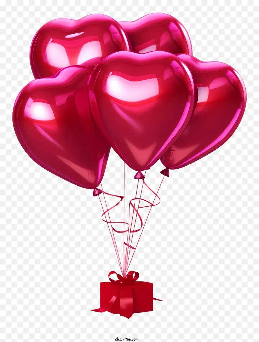 rote Luftballons - Rote Herzballons, die an Geschenkbox gebunden sind