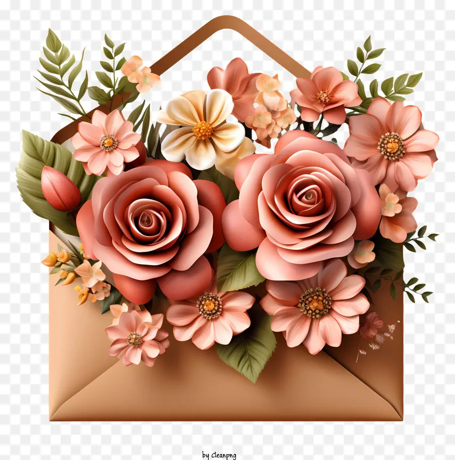 bó hoa - Hoa sôi động bên trong phong bì màu hồng, nền màu nâu