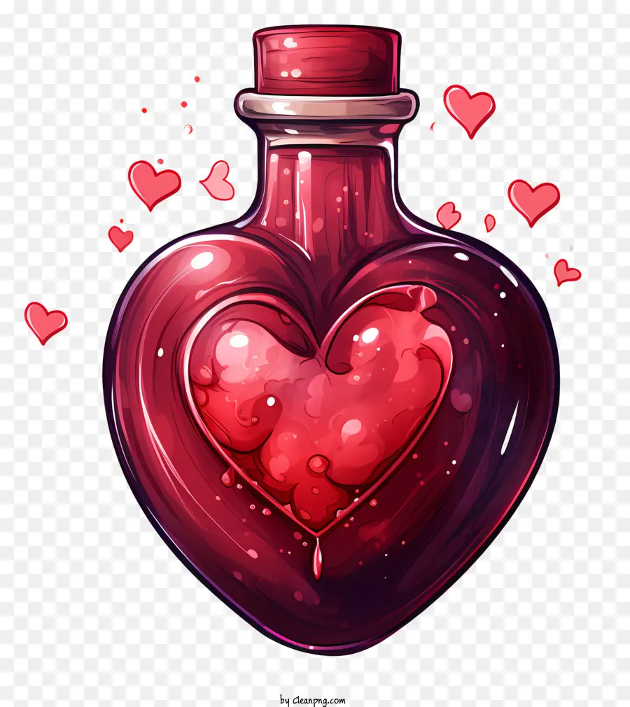 fallende Herzen - Rote Glasflasche mit herzförmigem Deckel; 
fallende Herzen
