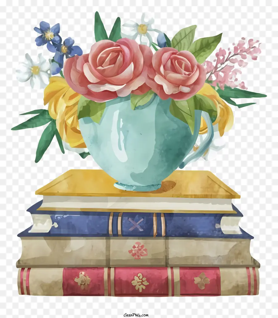 Cartoon Vase of Flowers Bücher eine Liebe zum Lesen im Aquarellstil - Aquarellbild von Blumen auf Büchern mit Text