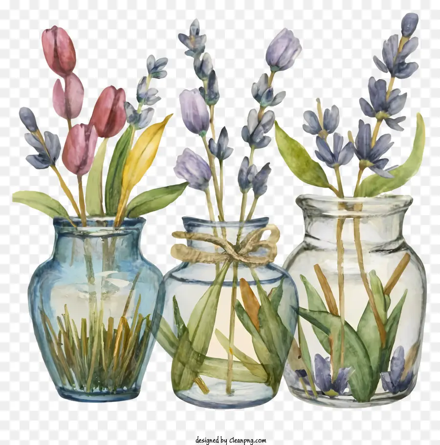 Cartoon Aquarell Illustration Purpur und blaue Tulpen Grün und gelbe Narzissen rosa und weiße Lilacs - Aquarell Illustration von Vasen mit farbenfrohen Blumen