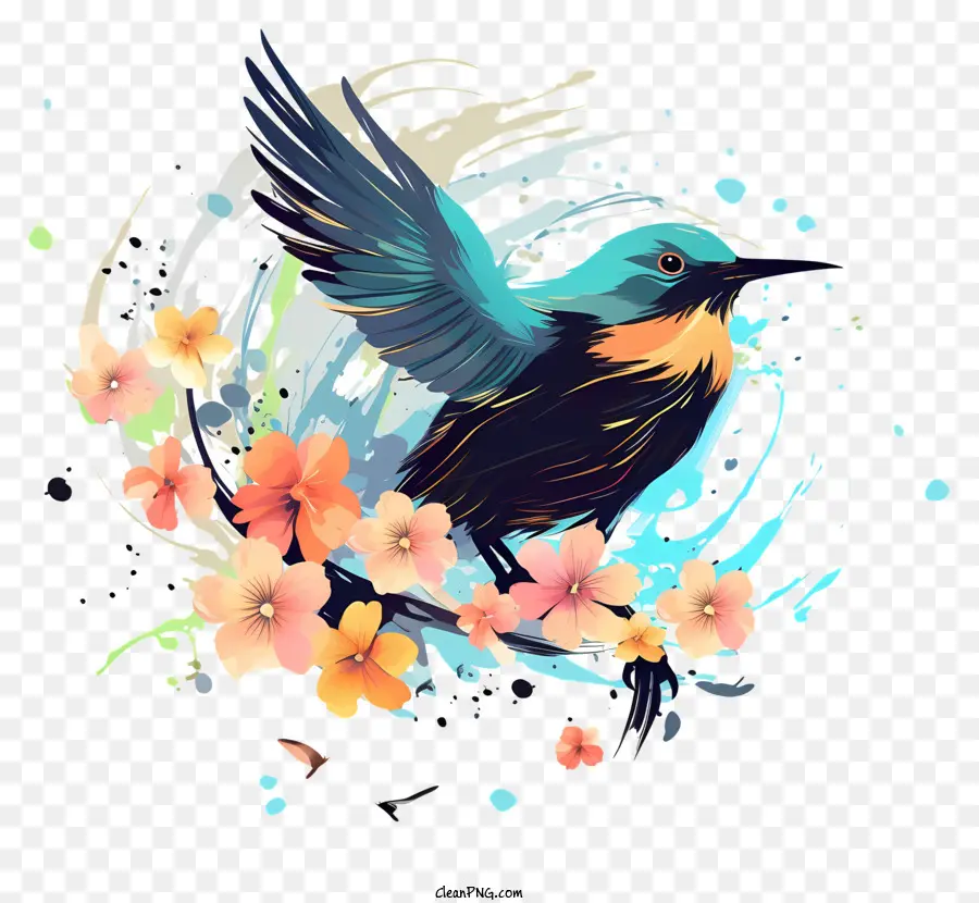 abstrakter Vogel digitales Gemälde Blaues Vogelwirbel Wasser - Digitales Gemälde von Blue Bird auf Blumenwirbel