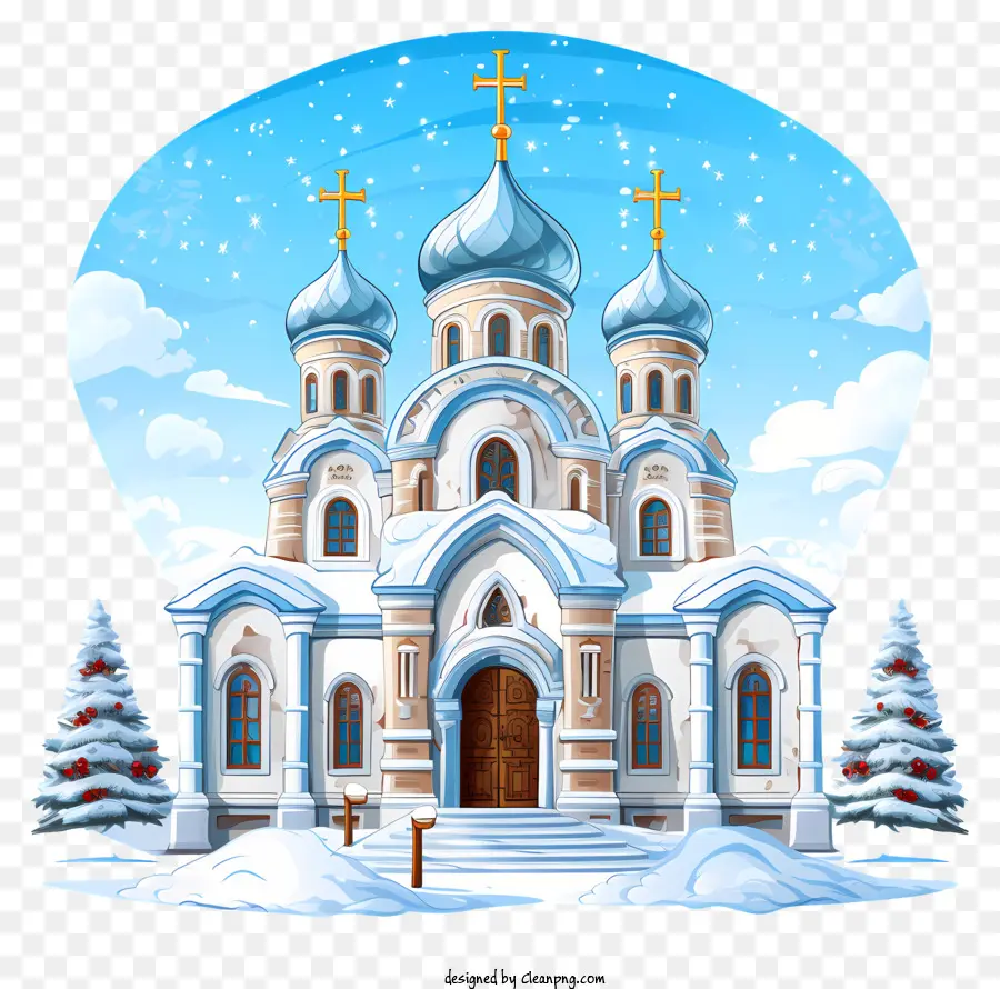 Đồng hồ mặt - Nhà thờ với tháp chuông trong cảnh quan tuyết