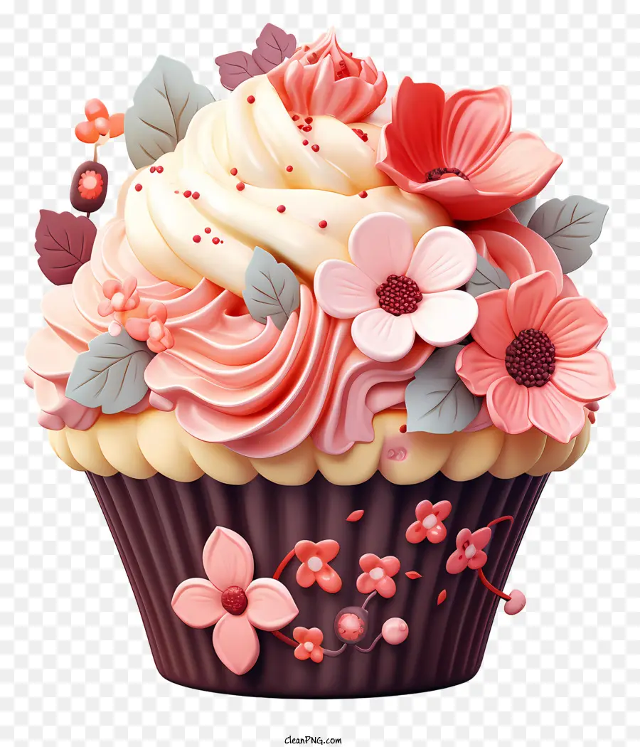 Cupcake Cupcake rosa Zuckerguss rote Zuckerguss weiße Zuckerguss - Rosa und rotes Cupcake mit Blumendekorationen