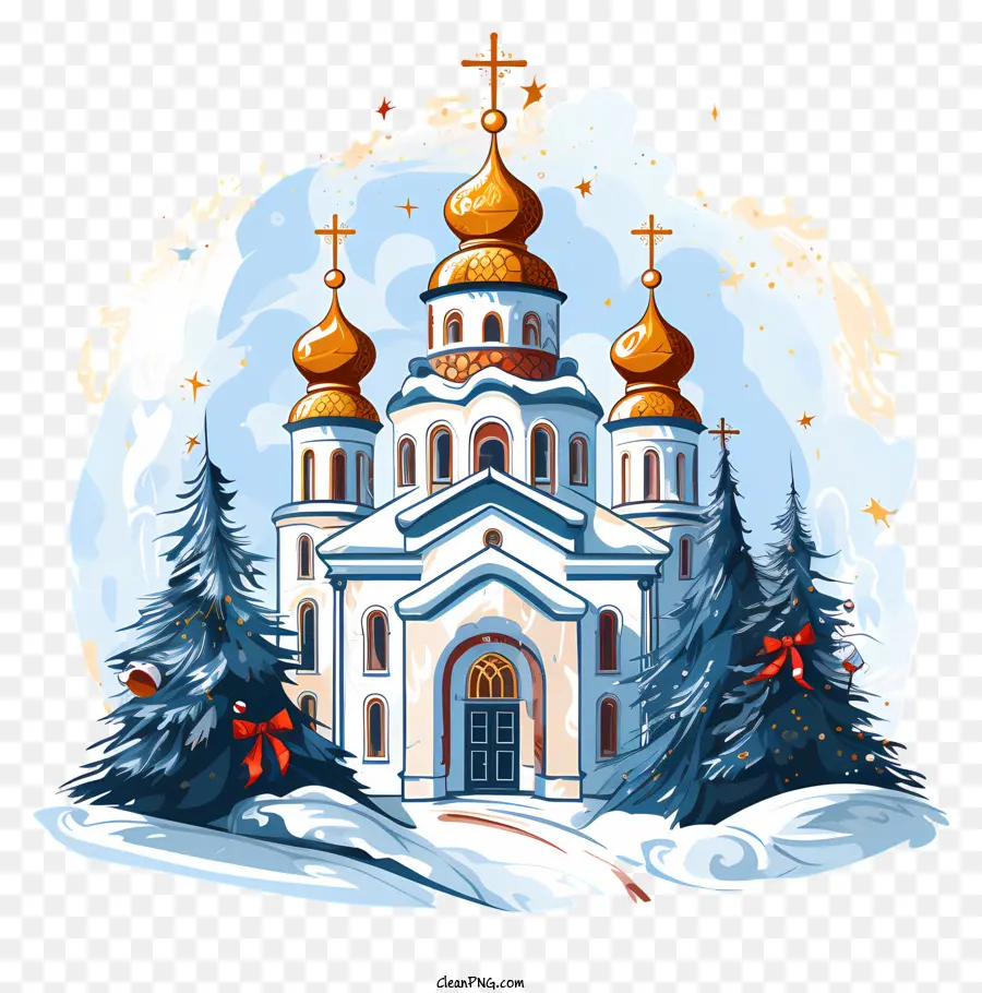 alberi di pino - Chiesa a cupola dorata circondata da neve e stelle