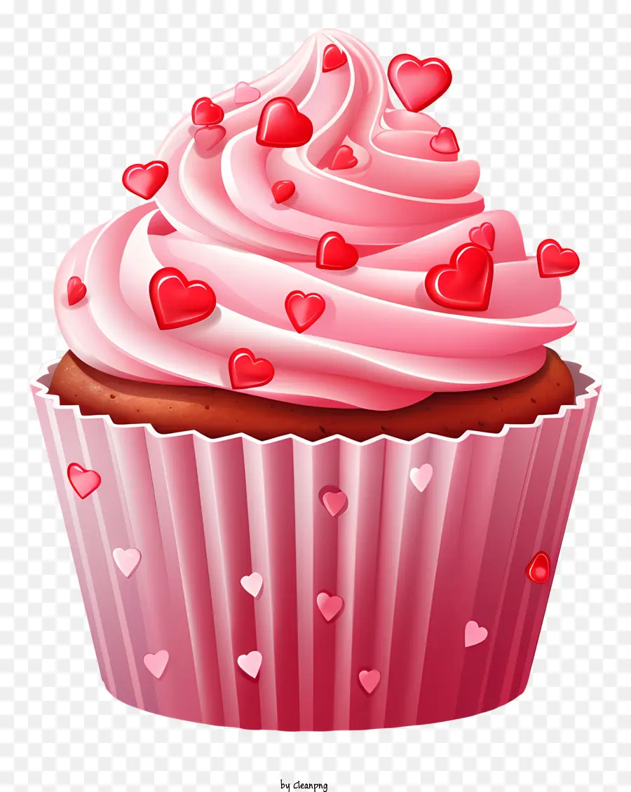 Cupcake Cupcake Pink Frosting Red Hearts xoáy phủ sương - Cupcake màu hồng với trái tim màu đỏ trên đầu