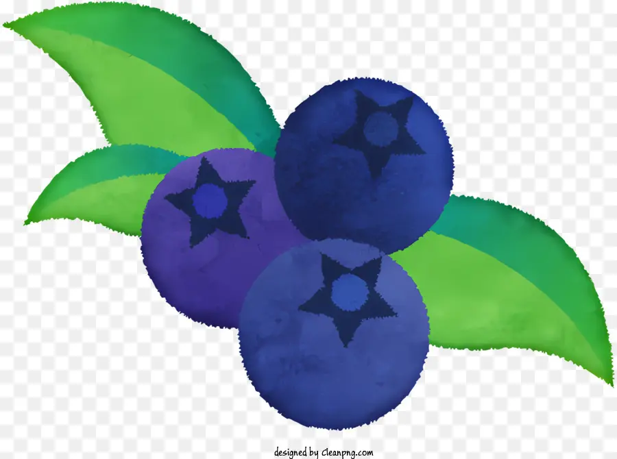 Icon Blaubeeren dunkelviolett grüne Stammblätter - Drei Blaubeeren auf Blattstiel, dunkelviolettem, schwarzem Hintergrund