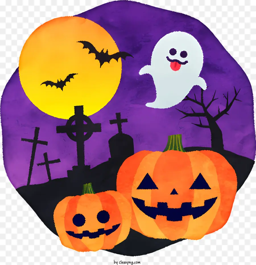 halloween - Bức tranh màu nước của phù thủy, bí ngô, nghĩa trang, mặt trăng