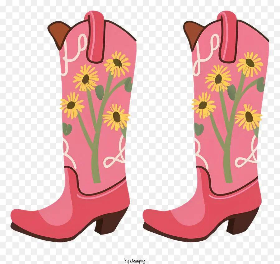 Cartoon rosa Cowboy -Stiefel Sonnenblume gestickte Stiefel braune Ledersohlen braune Schnürsenkel - Zwei Paar rosa Cowboy -Stiefel mit Sonnenblumen