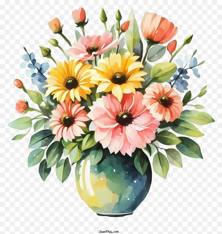 Cartoon Vase bunte Blumen rosa Blumen gelbe Blumen - Lebendige blumgefüllte Vase auf schwarzem Hintergrund