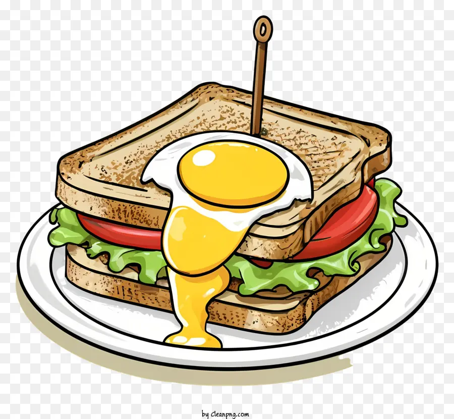 Ei - Bild von Sandwich mit Ei, Salat, Tomate, Käse, Ketchup, Senf, geschnittenem Ei, Teller, Gabel und Messer