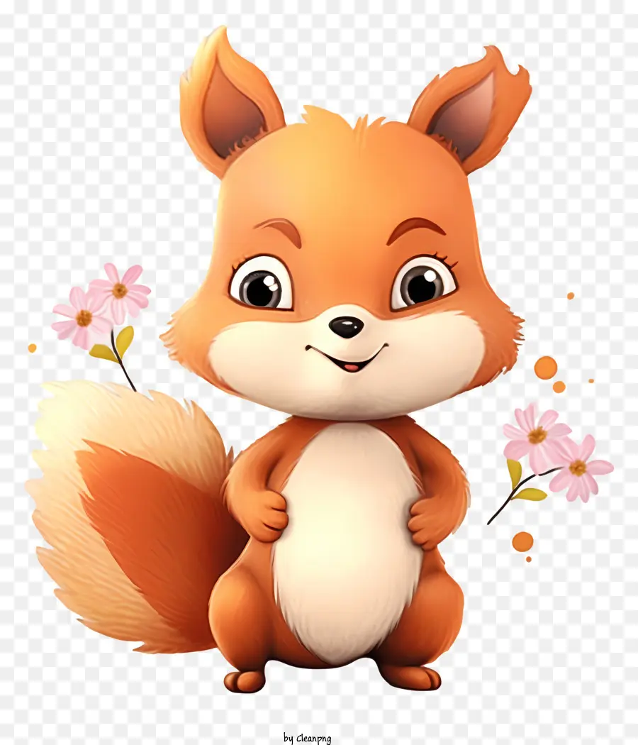 Cartoon Eichhörnchen Baby süßes Eichhörnchen lächelnd Eichhörnchen Happy Eichhörnchen Eichhörnchen auf schwarzem Hintergrund - Nettes Eichhörnchen mit verschränkten Armen und Blumen