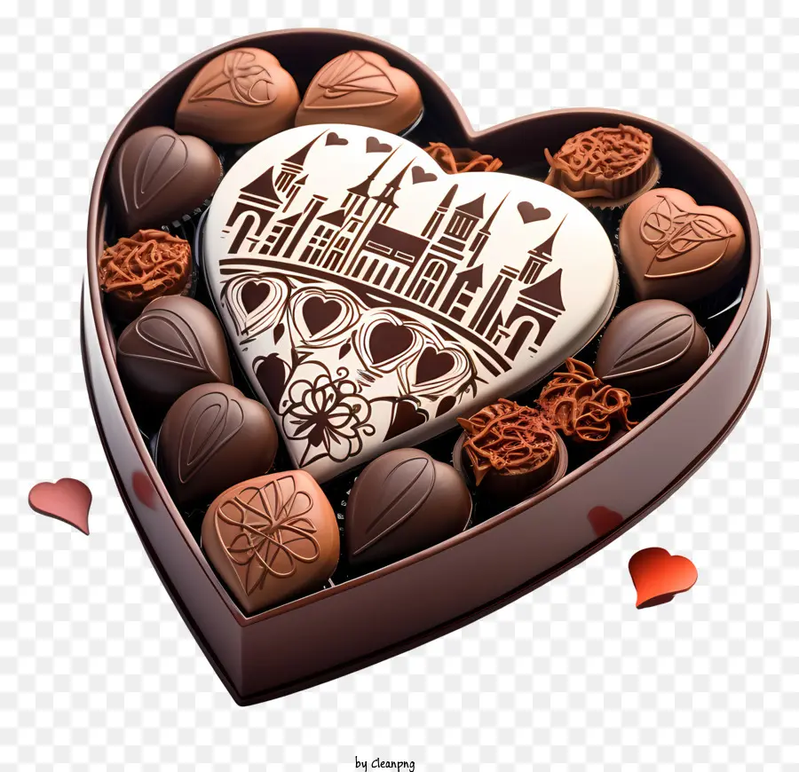 cioccolato - Scatola a forma di cuore di cuori di cioccolato con sfondo del castello