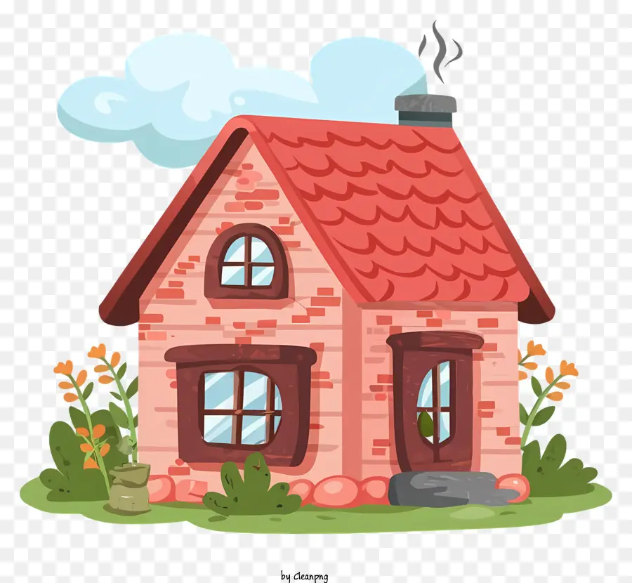 Phim hoạt hình dễ thương ngôi nhà màu hồng màu đỏ mái nhà màu trắng - Ngôi nhà màu hồng đẹp với khung cảnh vườn quyến rũ