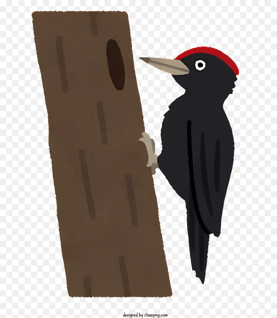Baumstamm - Schwarz-Weiß-Bild zeigt hölzernes Vogelhaus, Baumstamm und schwarzer Vogel späher