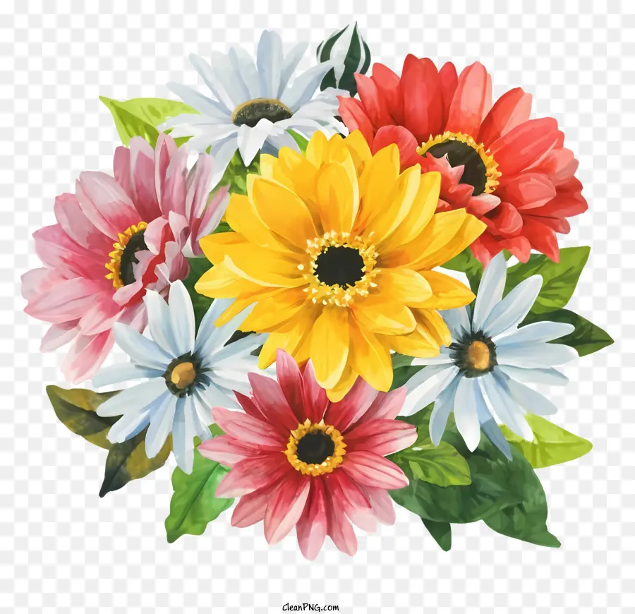 cartoon flowers in black background bouquet of colorful flowers brightly colored daisies yellow