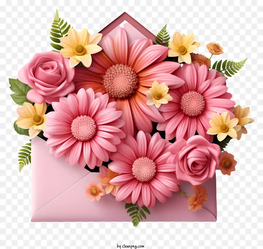Umschlag - Rosa Umschlag mit farbenfrohen Blumen im Inneren; 
leere vorne