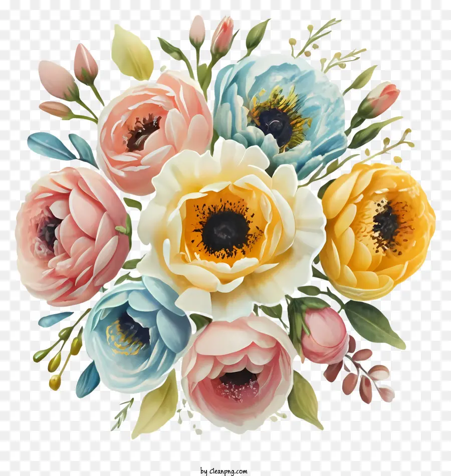 Cartoon Bouquet Blumen farbenfrohrosa - Buntes Blumenstrauß vor schwarzem Hintergrund
