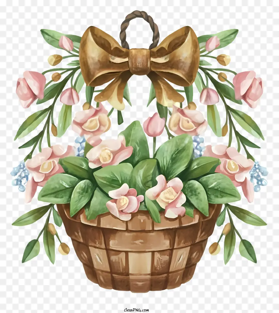 cartoon wicker basket pink and white flowers large pink bow black background