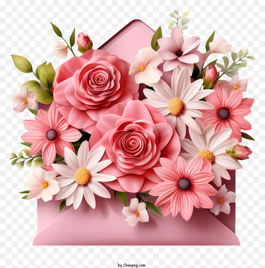 busta - Busta rosa con bouquet di rose e fiori