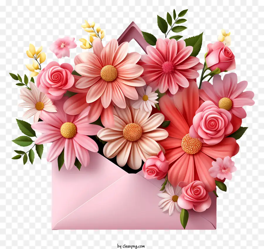 bouquet di fiori - Busta rosa che esplode con un bouquet di fiori colorato