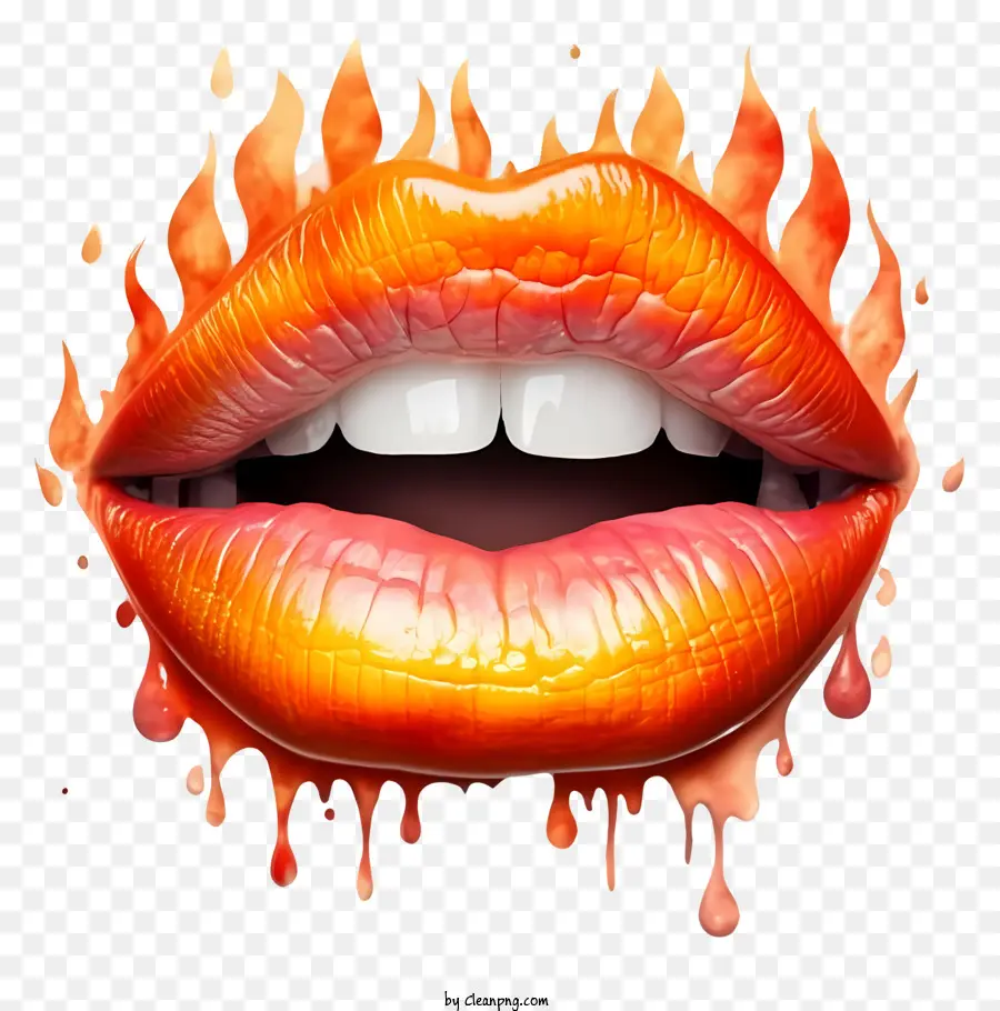 Cartoon Fire Woman's Lippen rote Lippen Orangenlippen - Frauenlippen mit Feuer tropfen; 
Orange Rot
