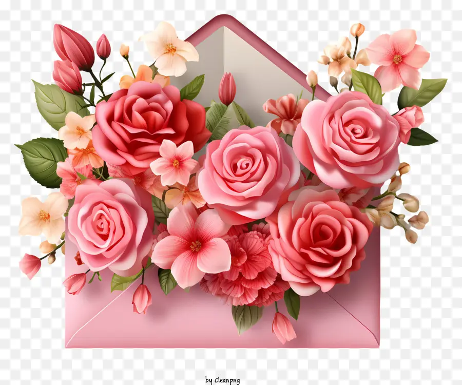 rosa Rosen - Rosa Umschlag mit herzförmigem Knopf und rosa Rosen