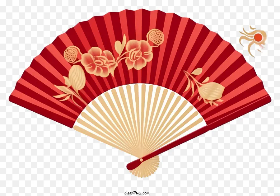 Illustrazione vettoriale piatta minimalizzata Fan cinese Capodanno Red and Gold Flows Design Flower Fan Hand Handle - Fan floreale rosso e oro con maniglia nera