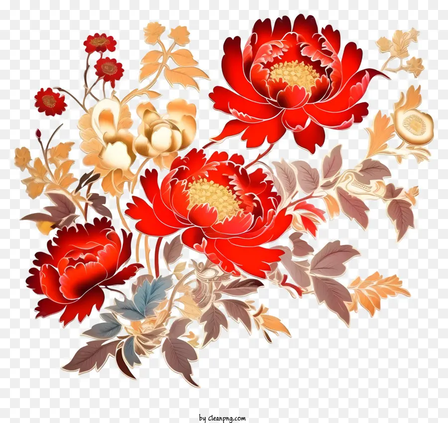 Hoa Hồng Màu Đỏ - Bóng hoa hồng đỏ với lá sồi, cây thường xuân và vàng