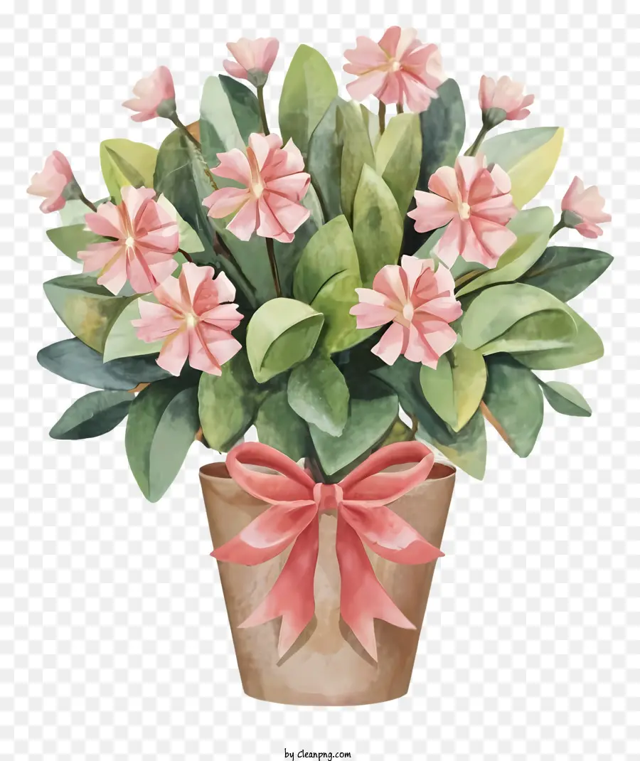 cartoon pink potted plants ribbon tied plants symmetrical plant arrangement green and light pink leaves
