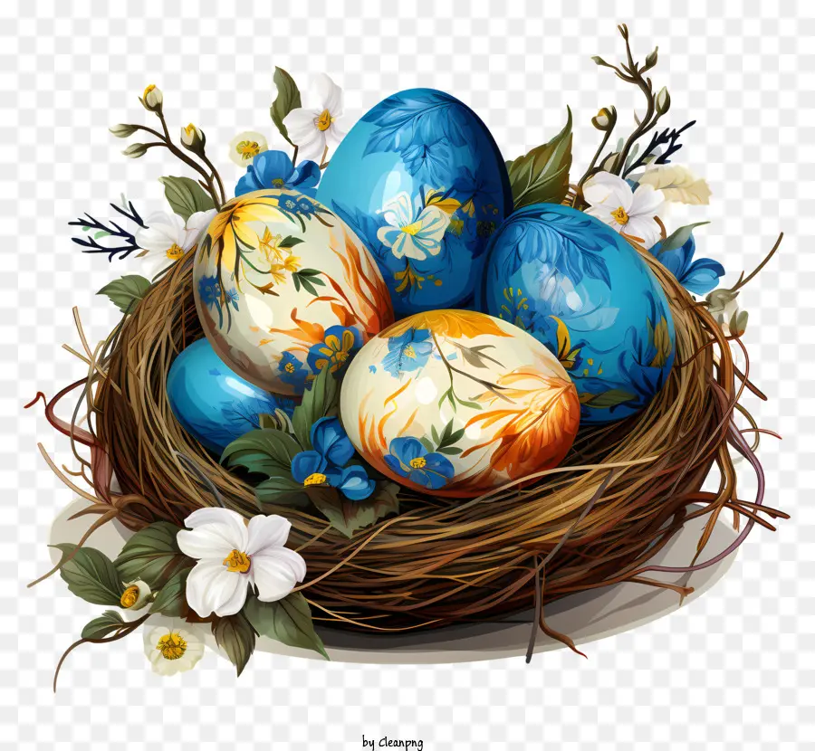 trứng phục sinh - Tổ trứng Phục sinh đầy màu sắc với hoa và lá