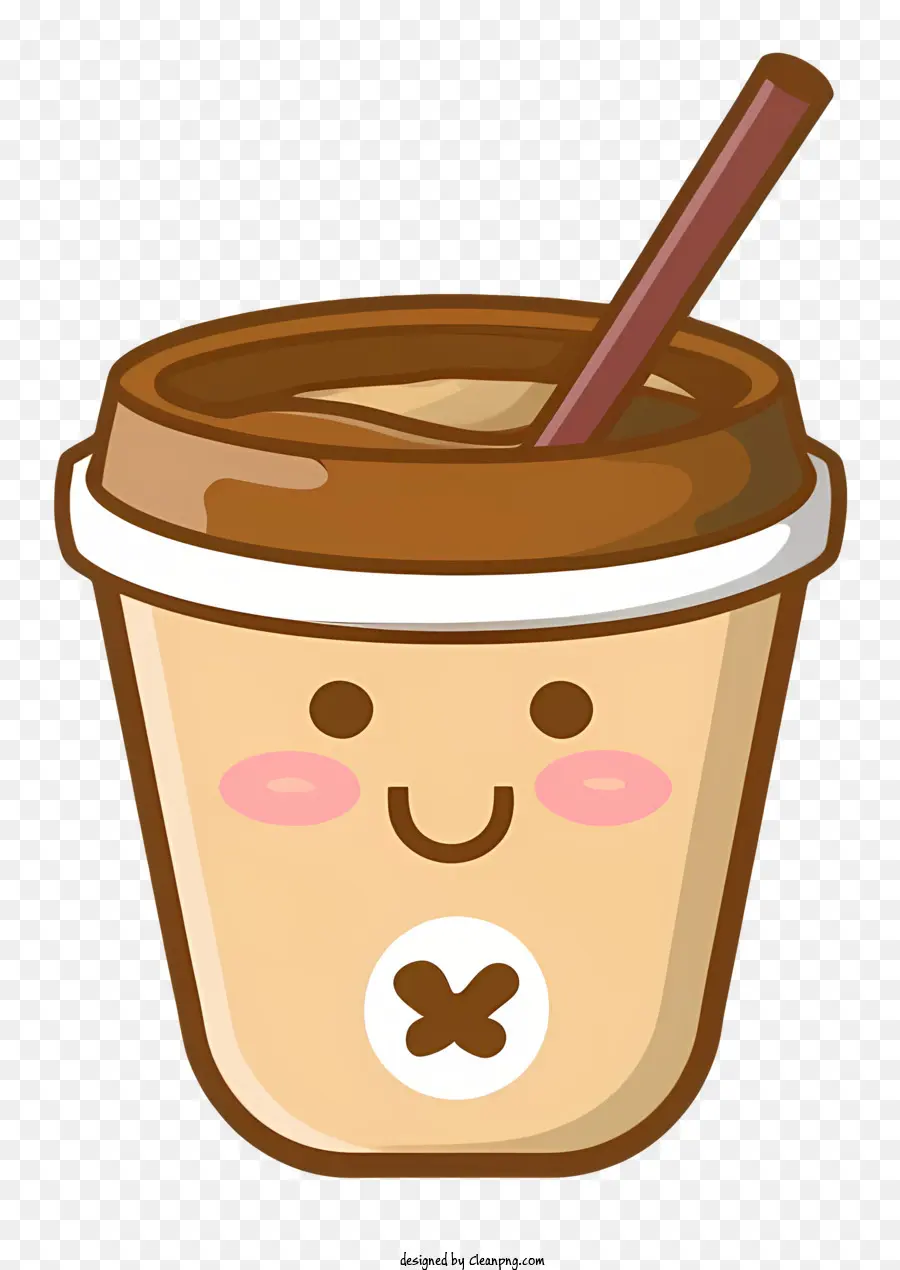 Coppa di cartone animato di cartone animato tazza di tazza marrone con paglia - Tarna marrone sorridente con paglia su sfondo nero